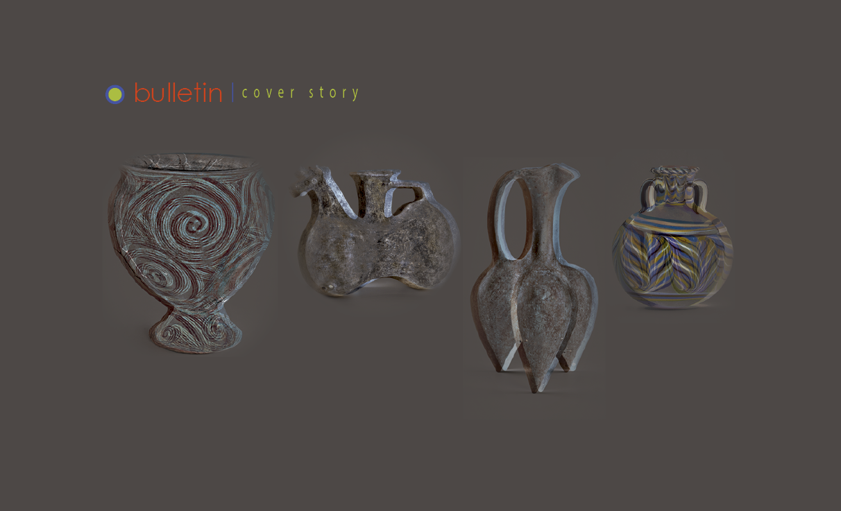Four ancient ceramic vessels with different shapes and surface patterns on a dark background.