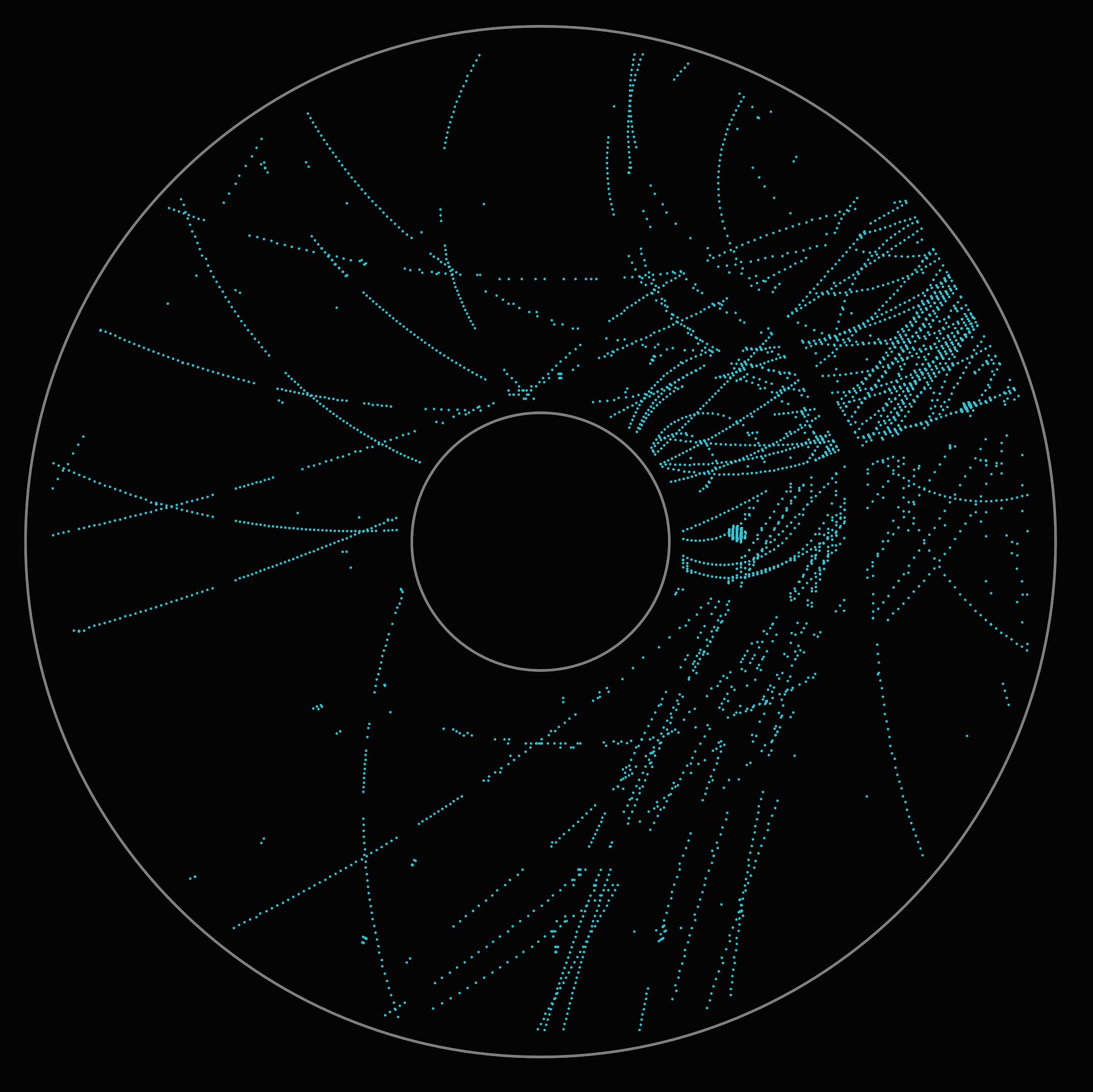 Example of cosmic rays traversing through the STAR detector in the Relativistic Heavy Ion Collider at Brookhaven National Laboratory.