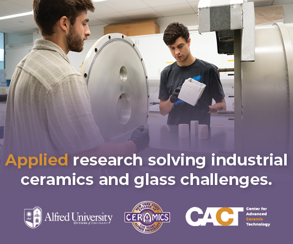 Alfred University advertisement with two students in a lab. Text says: "Applied research solving industrial ceramics and glass challenges" over a purple fade.