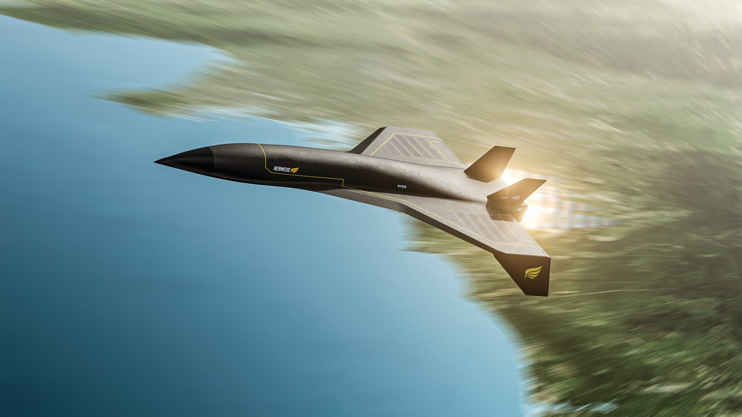 Image of a hypersonic vehicle flying over water and land.
