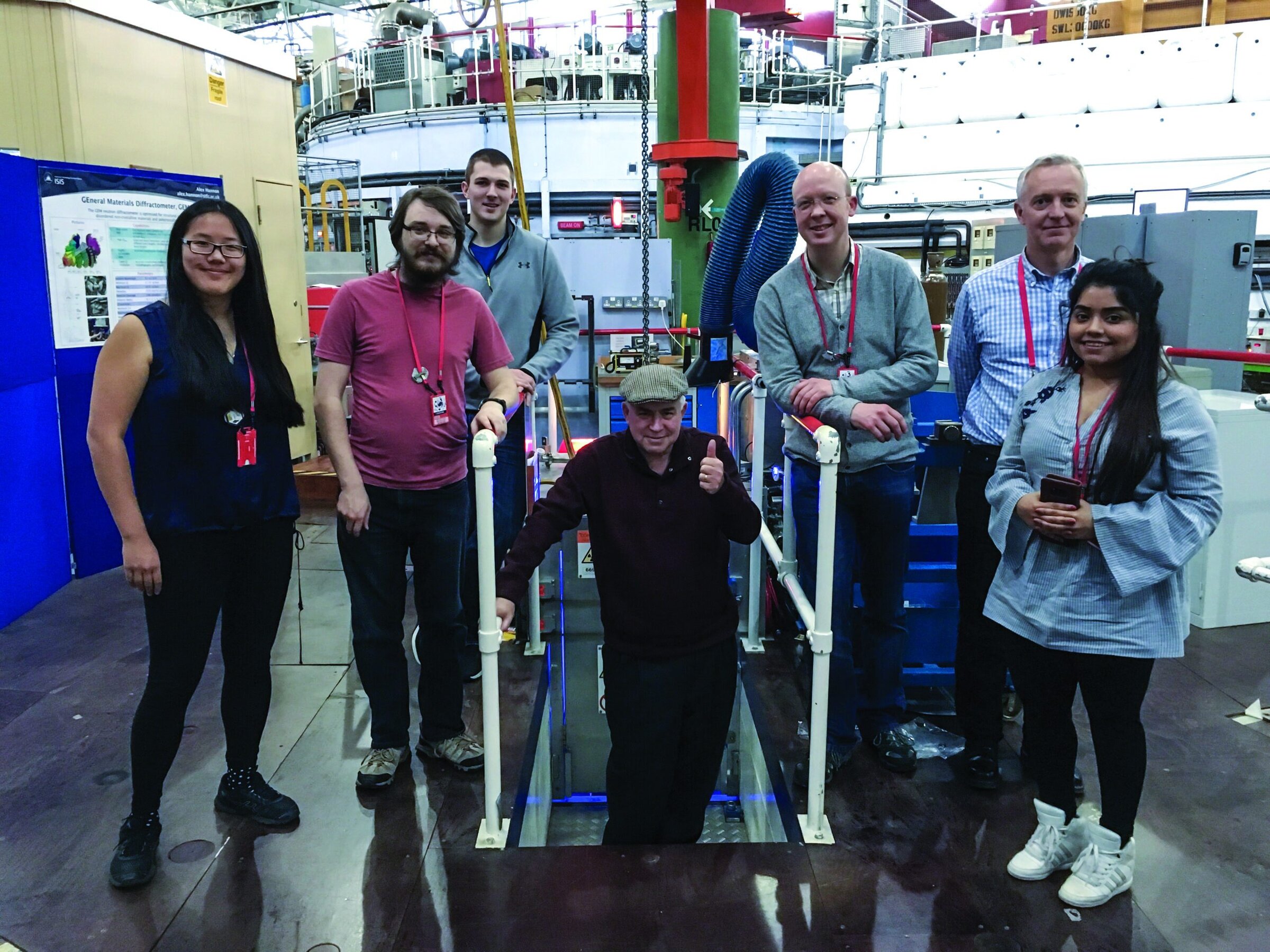 Coe College collaborates on neutron scattering at the Rutherford Appleton Lab in England, with Sheffield Hallam University, U.K. Left to right: Hayley Austin, Greg Goukas, Michael Packard, Steve Feller, Paul Bingham, Martin Wilding, and Suchi Vaishnav. <em>Credit: Steve Feller</em>