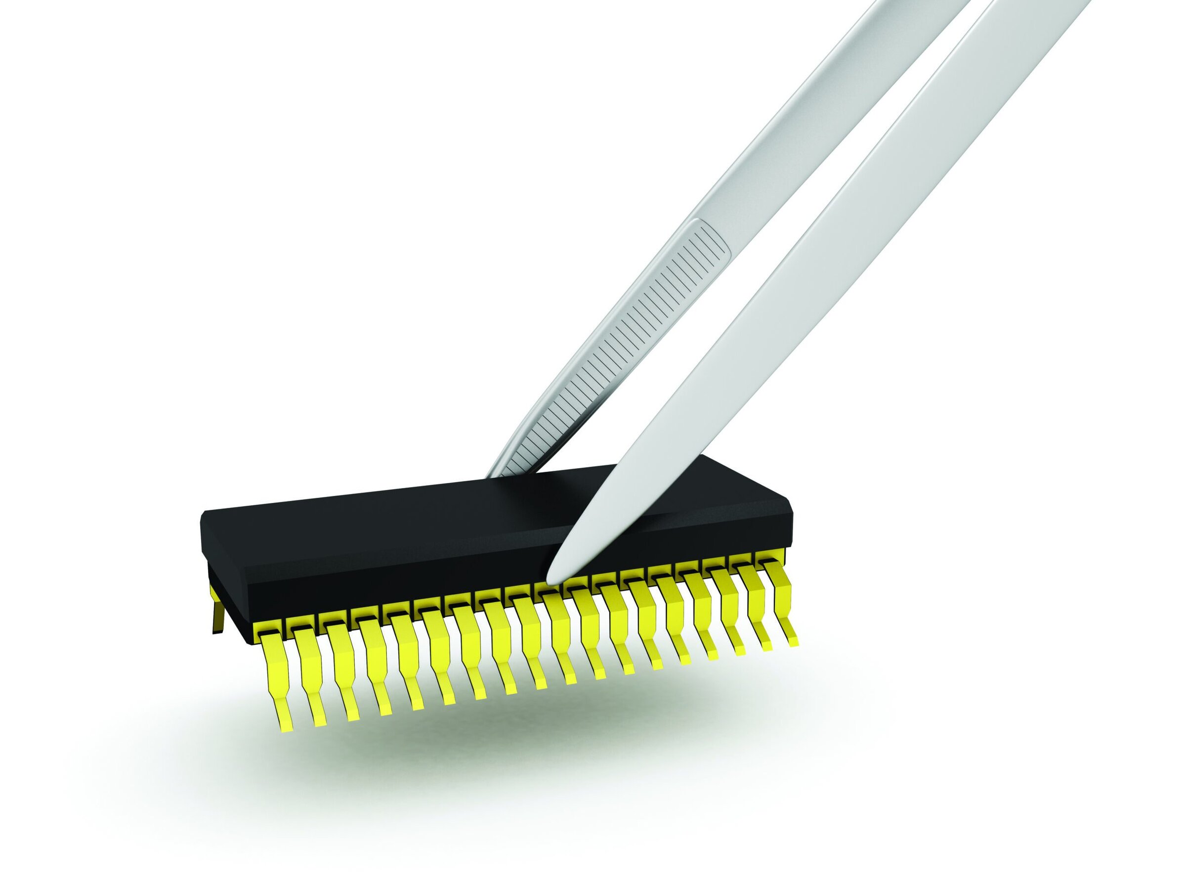 Tweezers holding a microchip, relevant to the impact of ferroelectricity in modern tech.