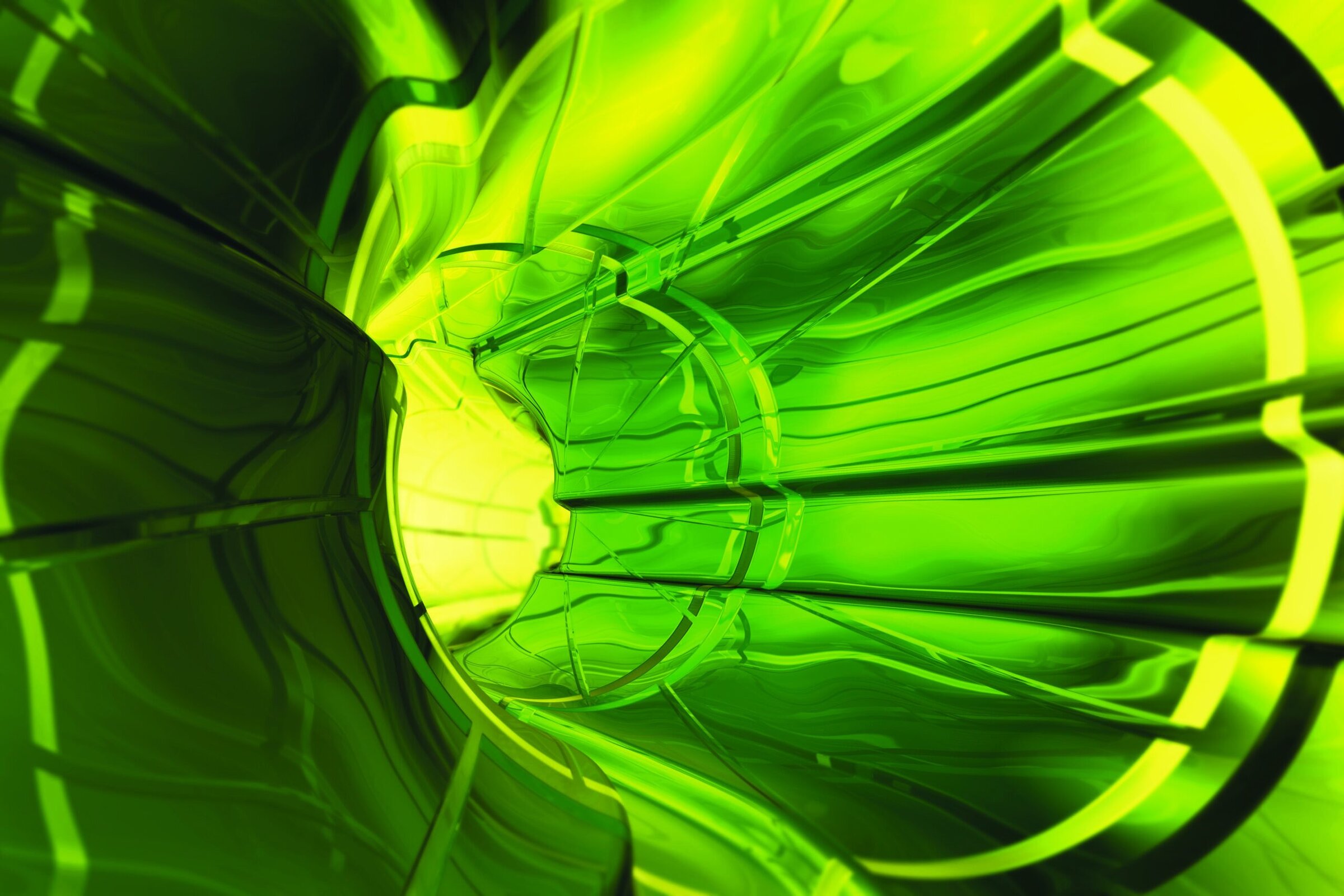 Futuristic green tunnel with illuminated neon lights, abstract technology and science imagery for Ceramics research.