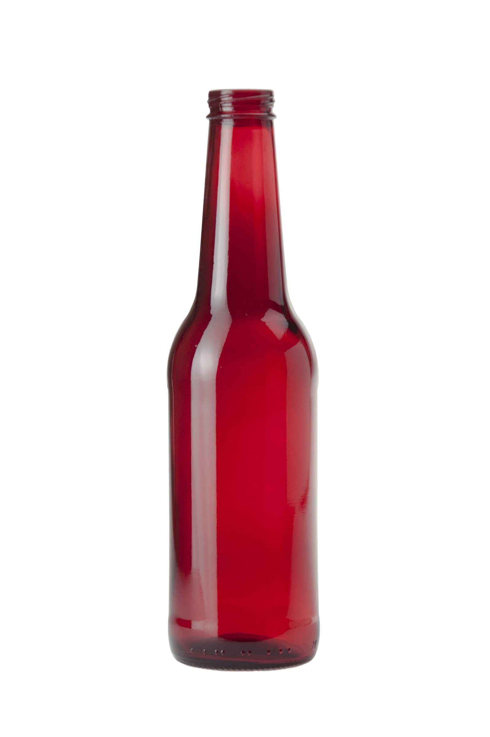 Red glass beverage bottle.