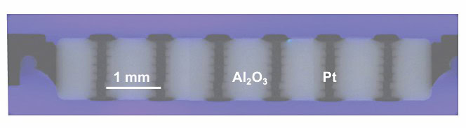 High-resolution image of ceramic platinum-alumina composite microstructure with labeled Al2O3 and Pt phases for materials research.