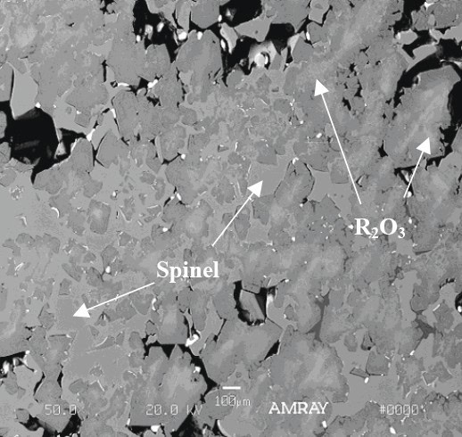 A scanning electron microscope image showing spinel and R₂O₃ phases in ceramic material.