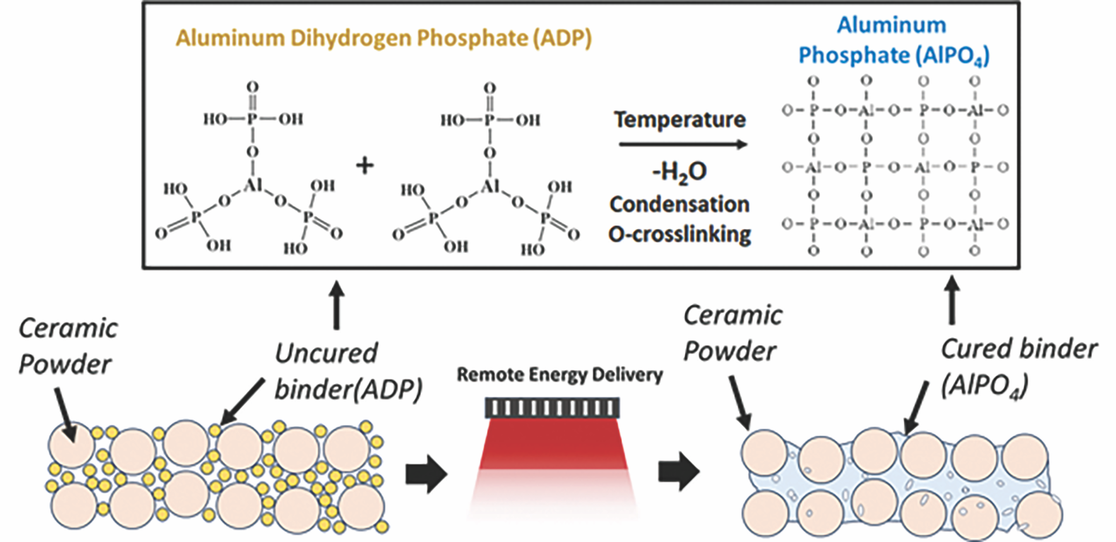 Graphical overview of the condensation and crosslinking mechanism of aluminum dihydrogen phosphate as a binder.