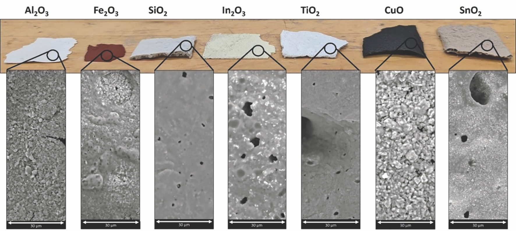 Photographs and micrographs of 20-layer, spray-cast, and infrared-irradiated aluminum dihydrogen phosphate-bound ceramic sheets.