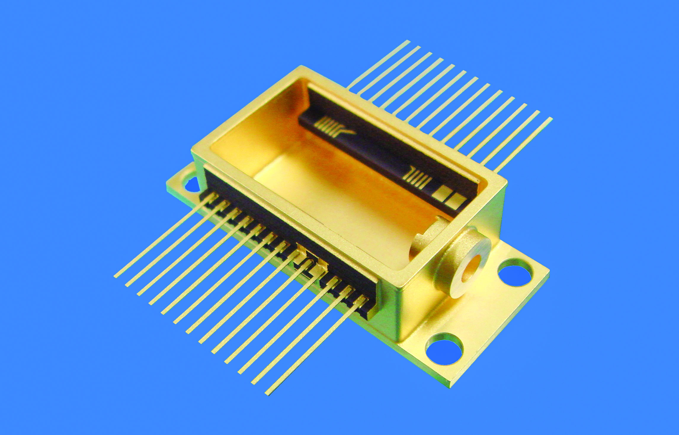 High-temperature ceramic electronic component, gold-finished, with pin connector.