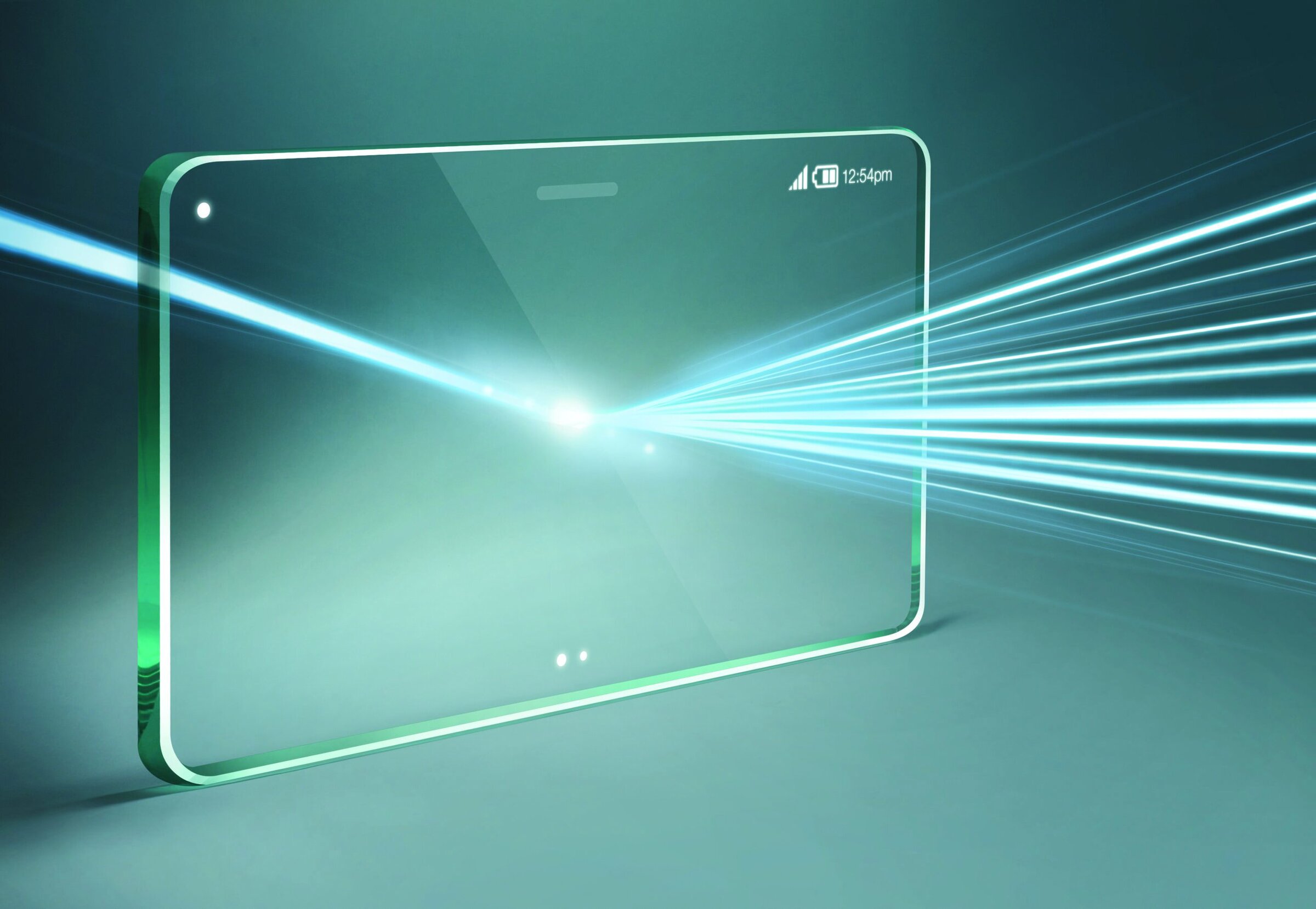 High-tech smartphone with laser light projection, digital display, and modern device technology.