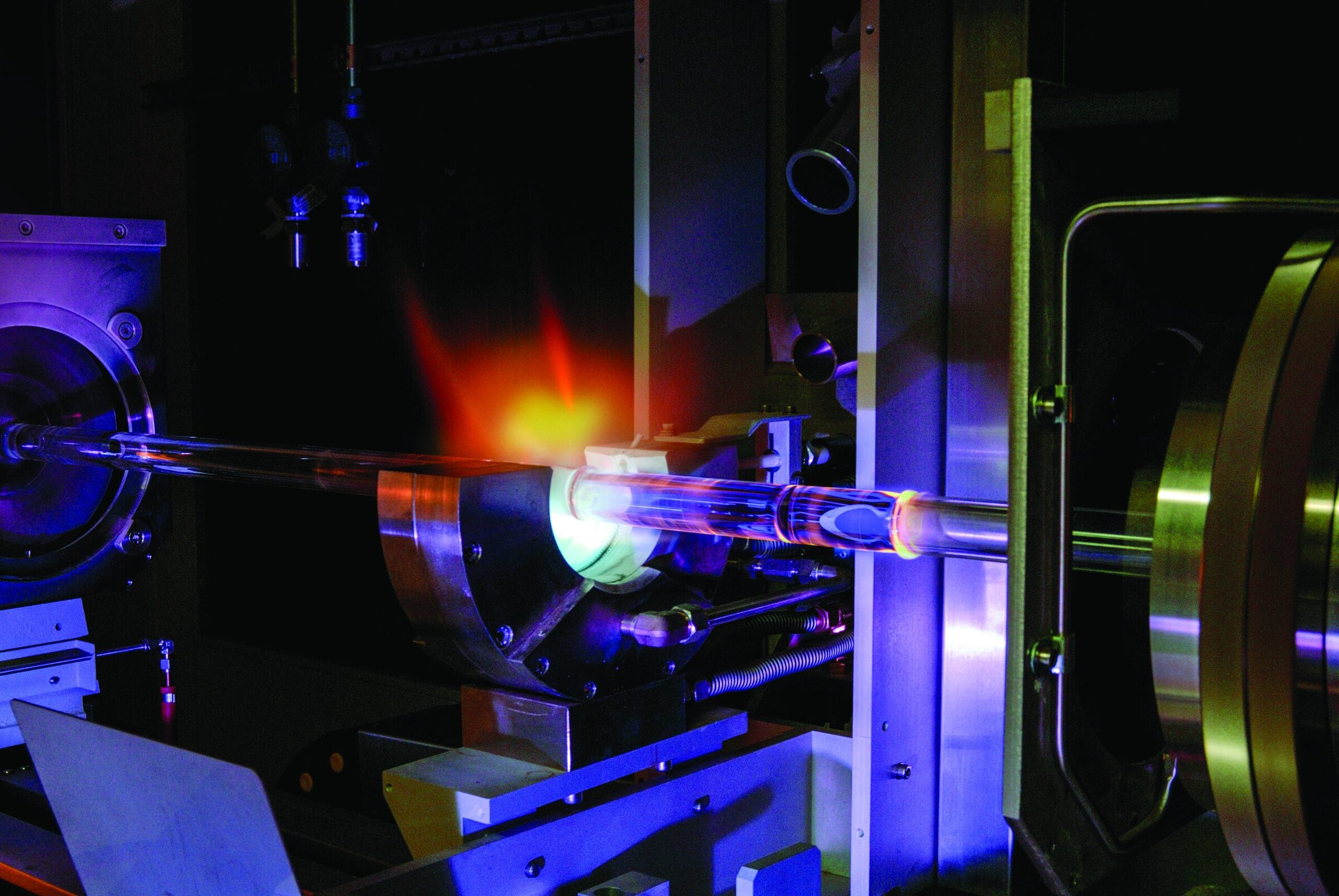 High-temperature ceramic materials test in glass manufacturing process, showcasing advanced ceramics engineering.