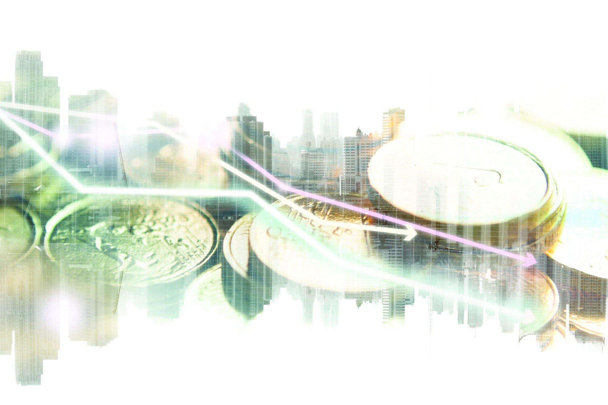 Coins and city skyline overlaid with financial growth and decline arrows, symbolizing economic trends in the ceramics industry.