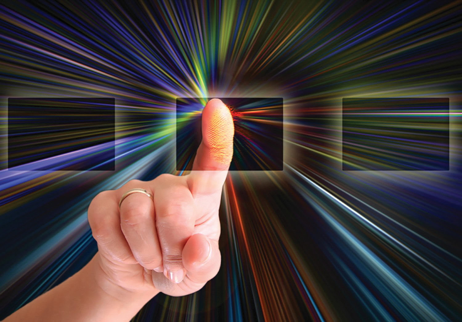 Fingertip touching a digital interface with colorful data streams and virtual screens.