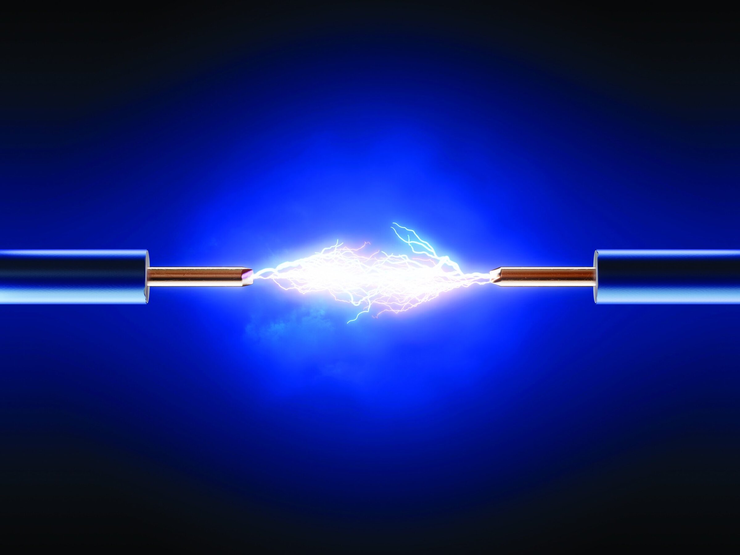 Electric arc between two metal electrodes, high-voltage electrical discharge, science, physics, plasma conductivity.