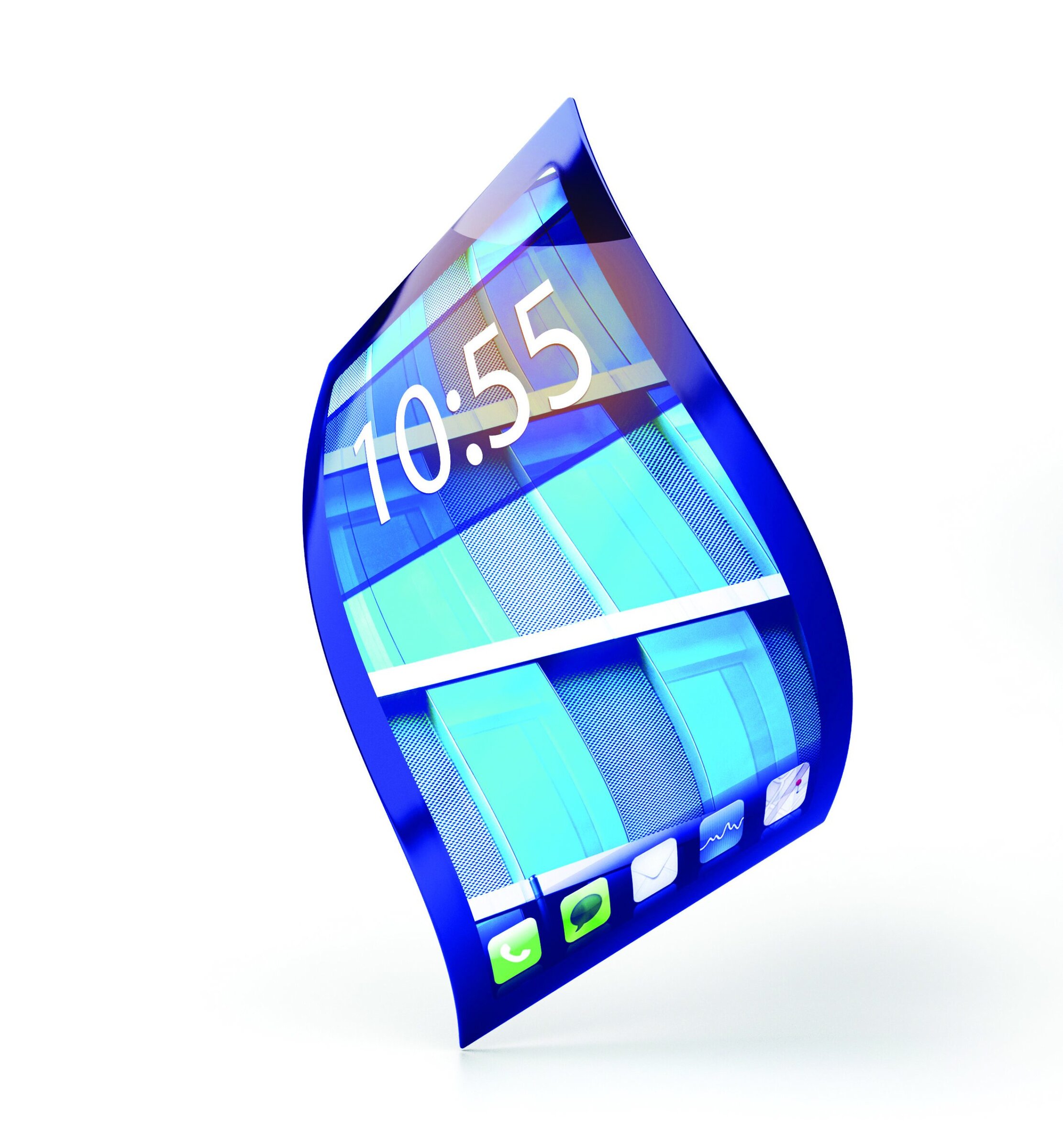 Futuristic curved smartphone display, vibrant blue color, digital clock, modern tech design, ACerS Bulletin image relevance.