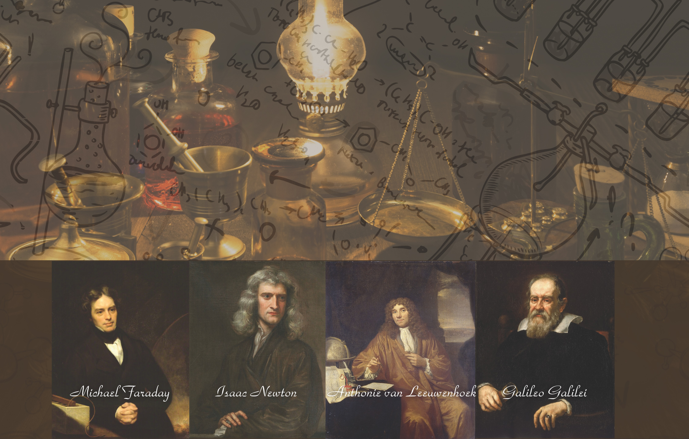 Old chemistry laboratory seamless pattern on white with historical paintings of scientists beneath.