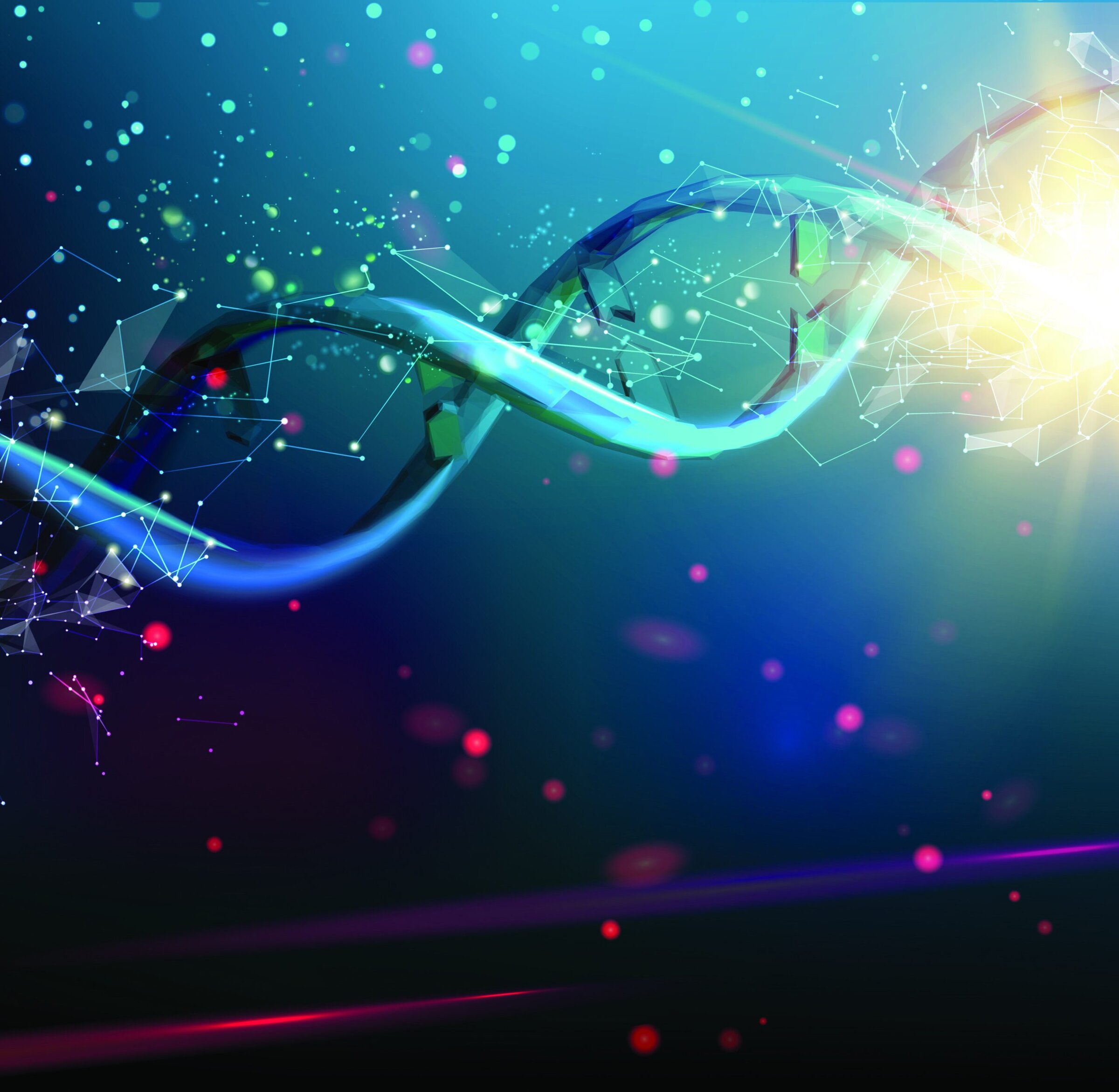 DNA double helix with abstract digital network, biotechnology, genetic research, science innovation, molecular biology.