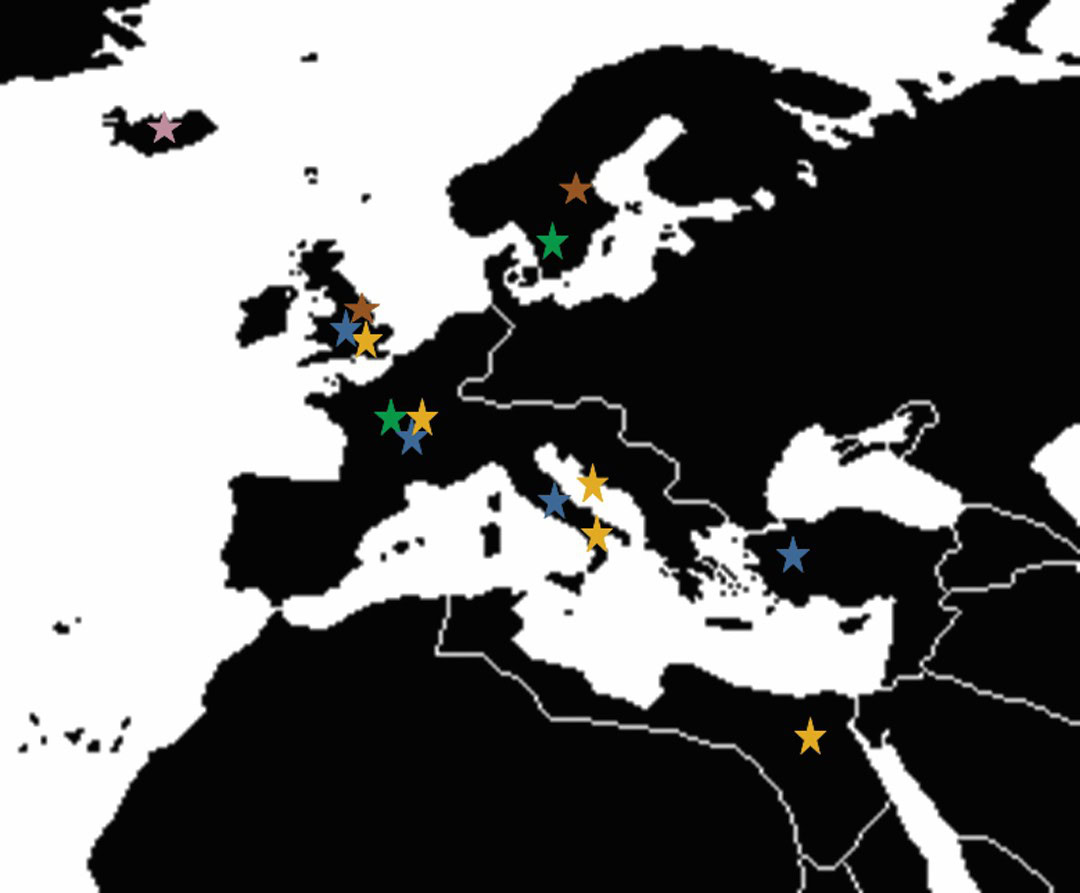 World map with excavated vitreous materials locations.