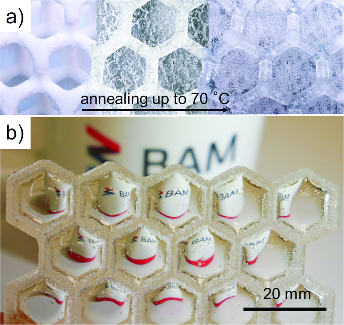 Core–shell lattice structure and 3-D printed honeycomb structure stacked on top of one another.