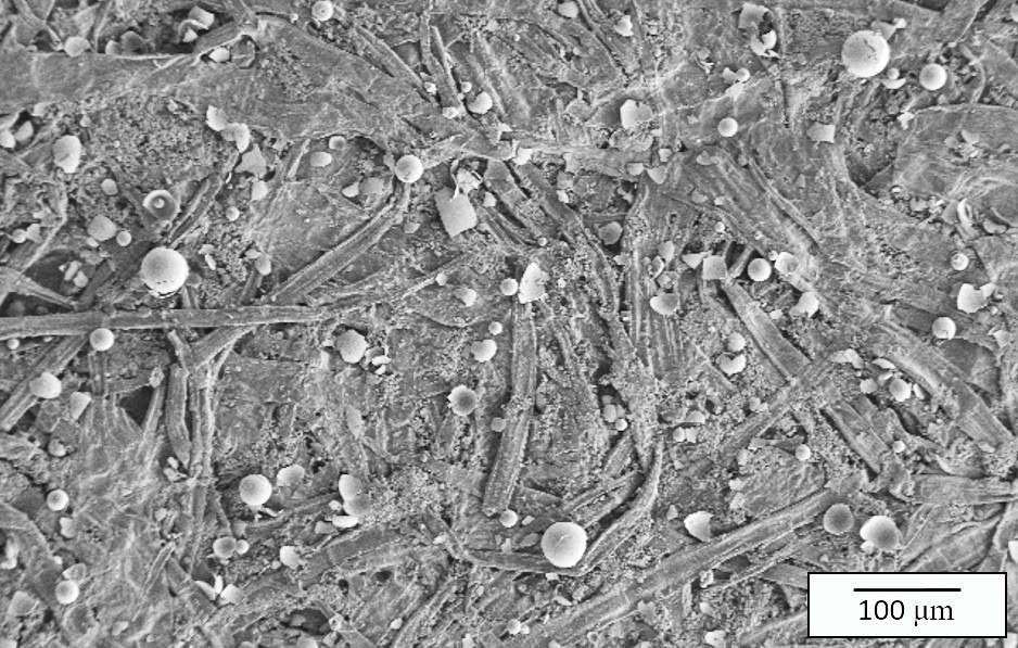 High magnification of ceramic microstructure showing fibers and porous particles, used in advanced ceramics research.