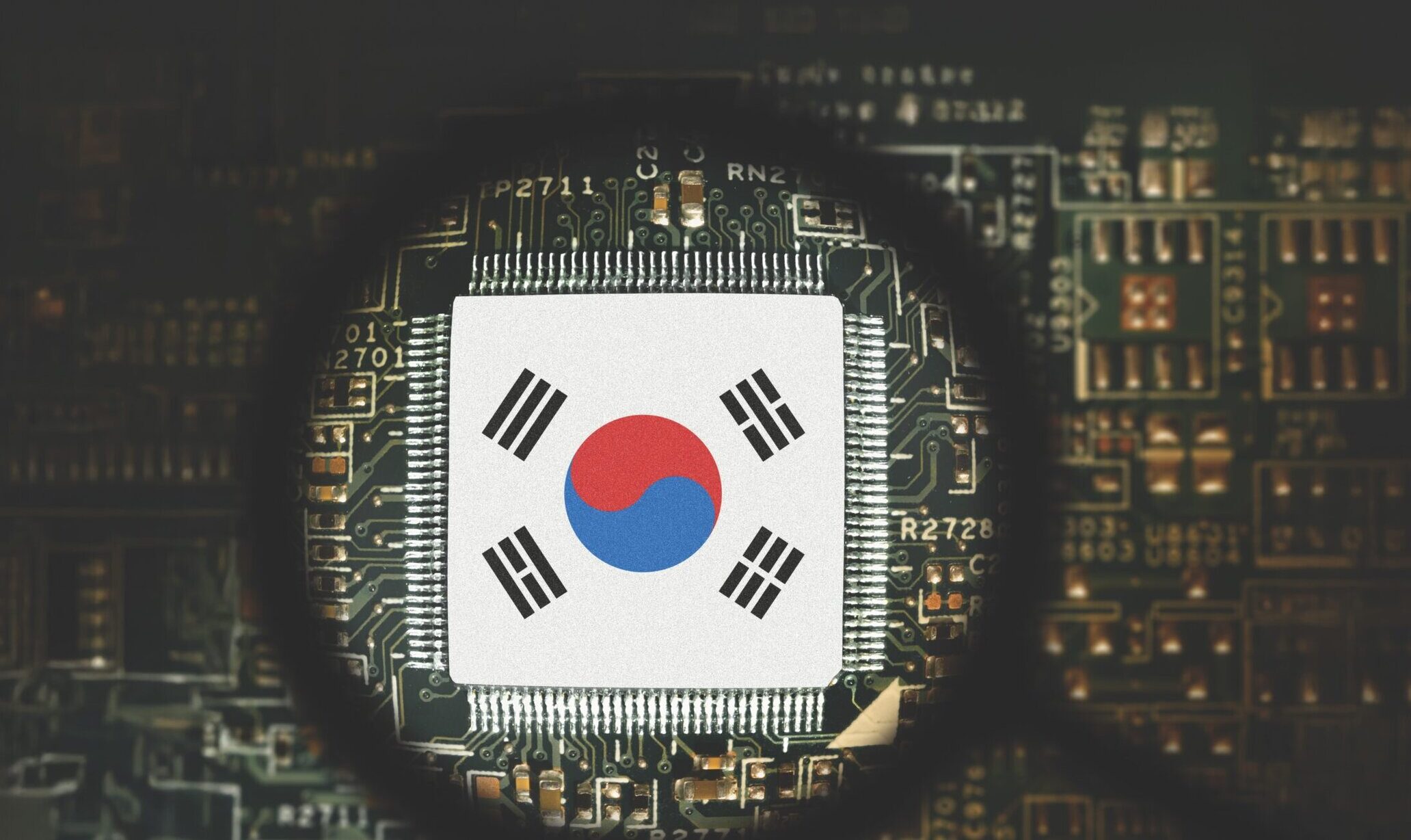Flag of South Korea on a processor. Computer board with chip. View through magnifying glass. Artificial intelligence or AI