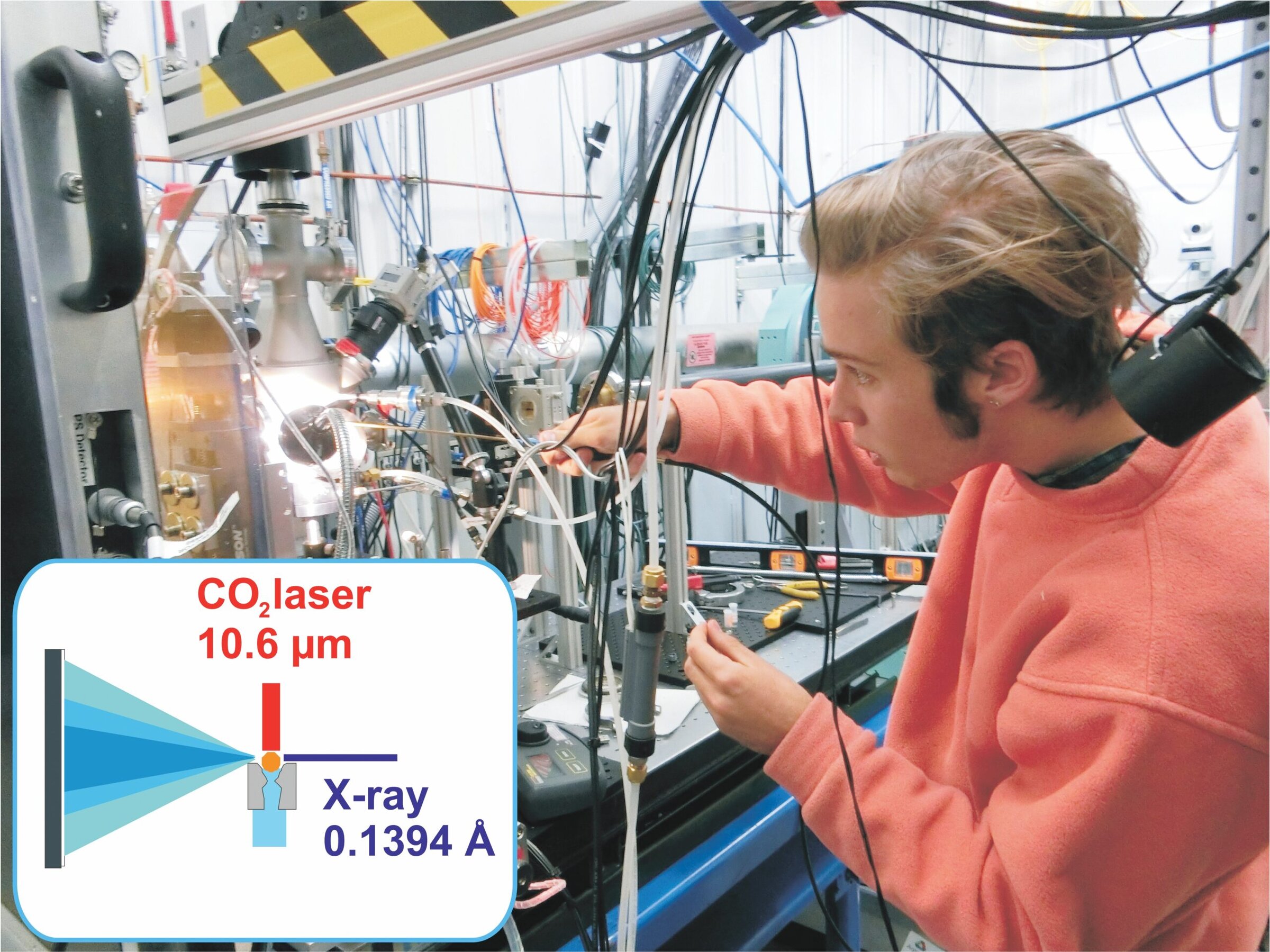 High-tech scientific research in a laboratory with a scientist working on laser and X-ray experiments for advanced materials analysis.