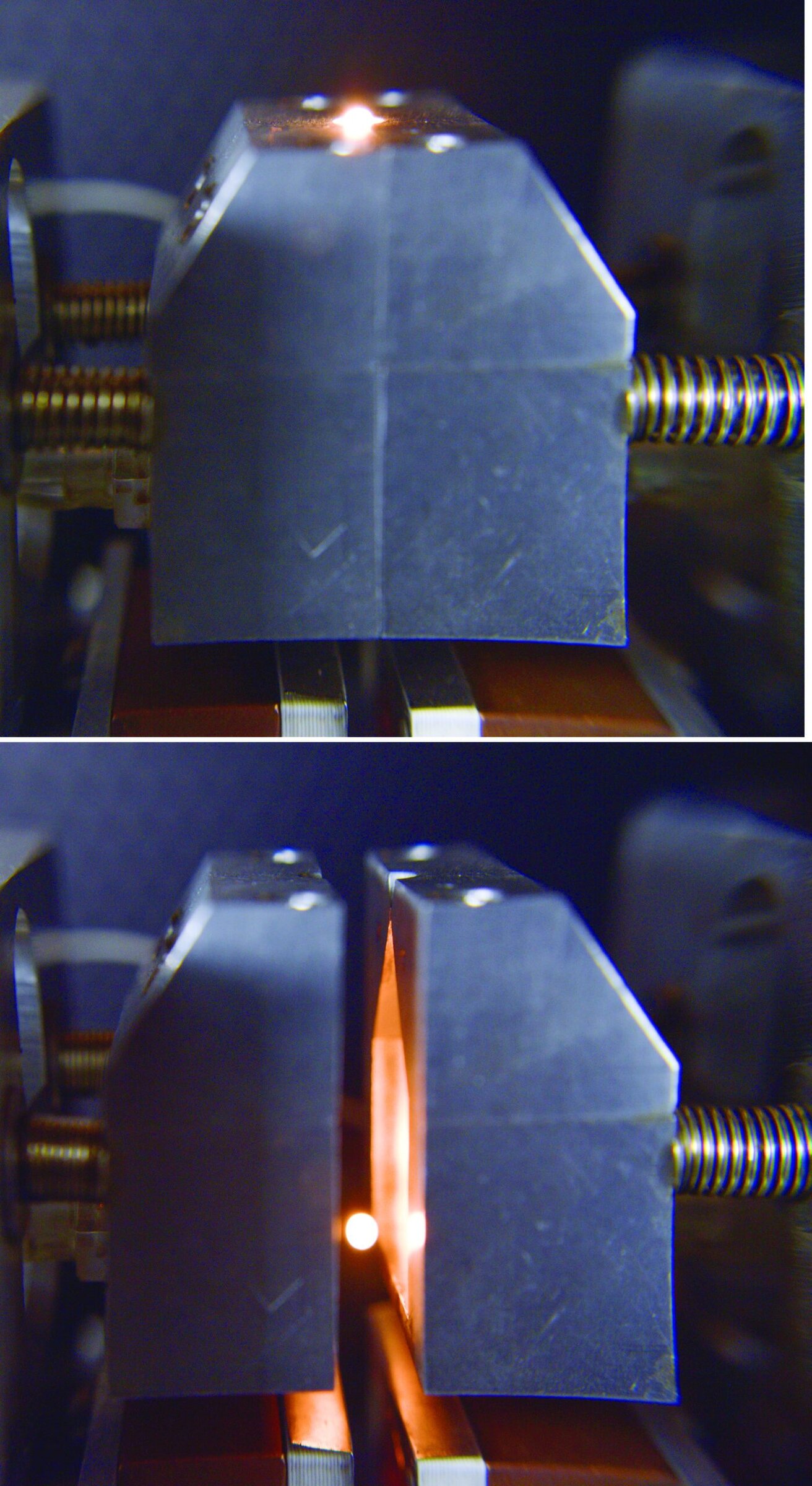 A laser-heated sample being dropped into a calorimeter.