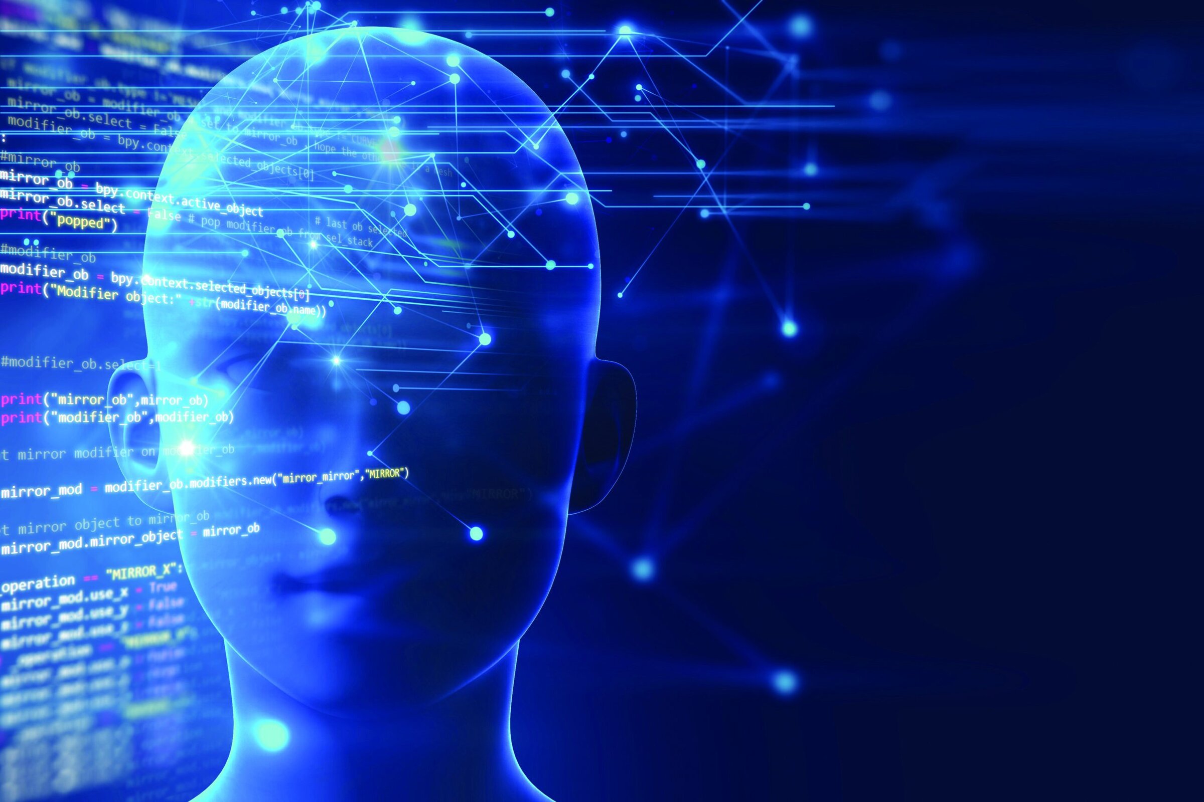 Digital human head with neural network connections, technology, artificial intelligence, coding, futuristic concept.