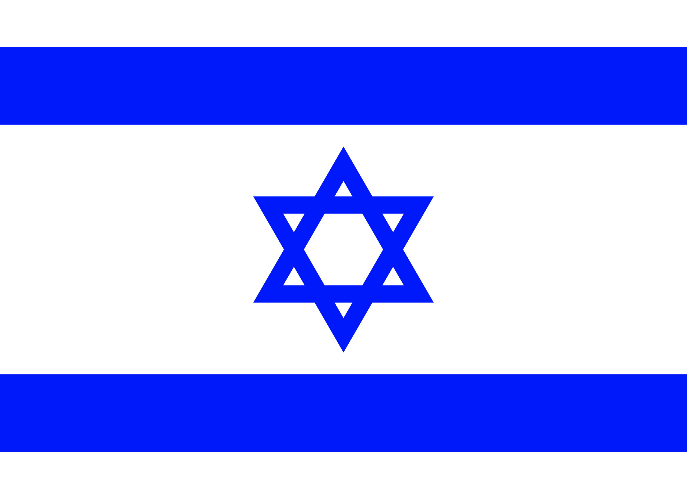 Israeli flag with blue Star of David on white background and blue stripes.