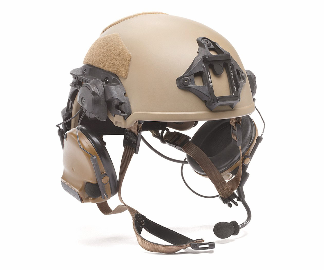 Ballistic helmet with communication headset and accessories for tactical protection and military use.