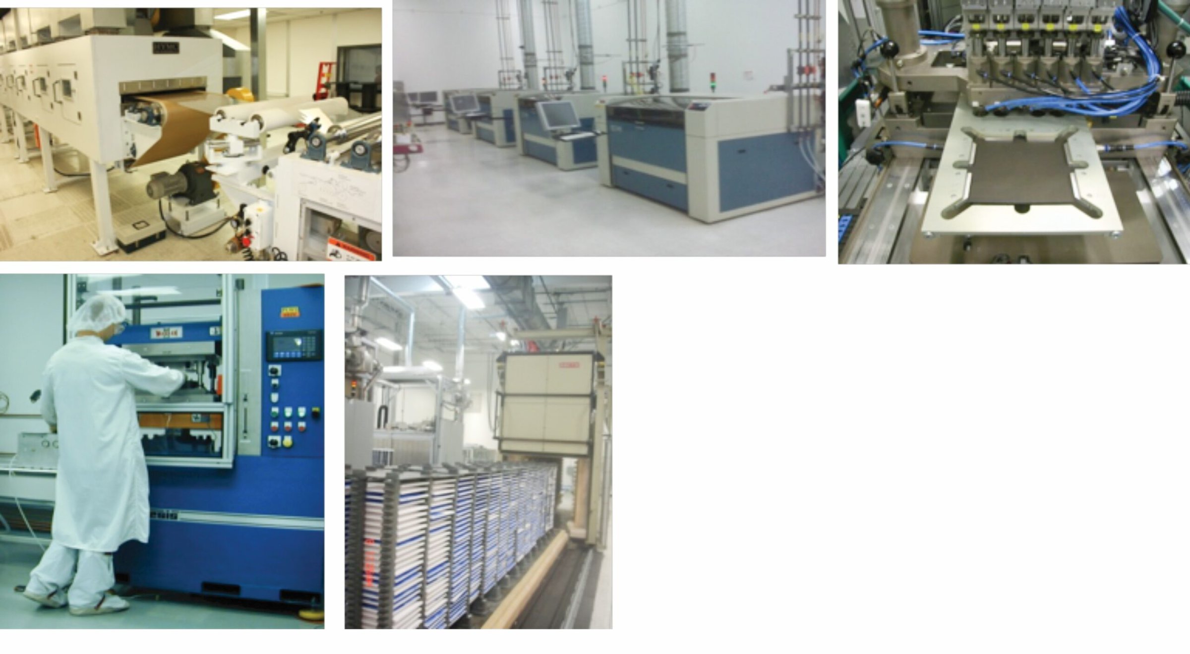Manufacturing equipment for ceramic microchannel heat exchangers in a cleanroom environment.