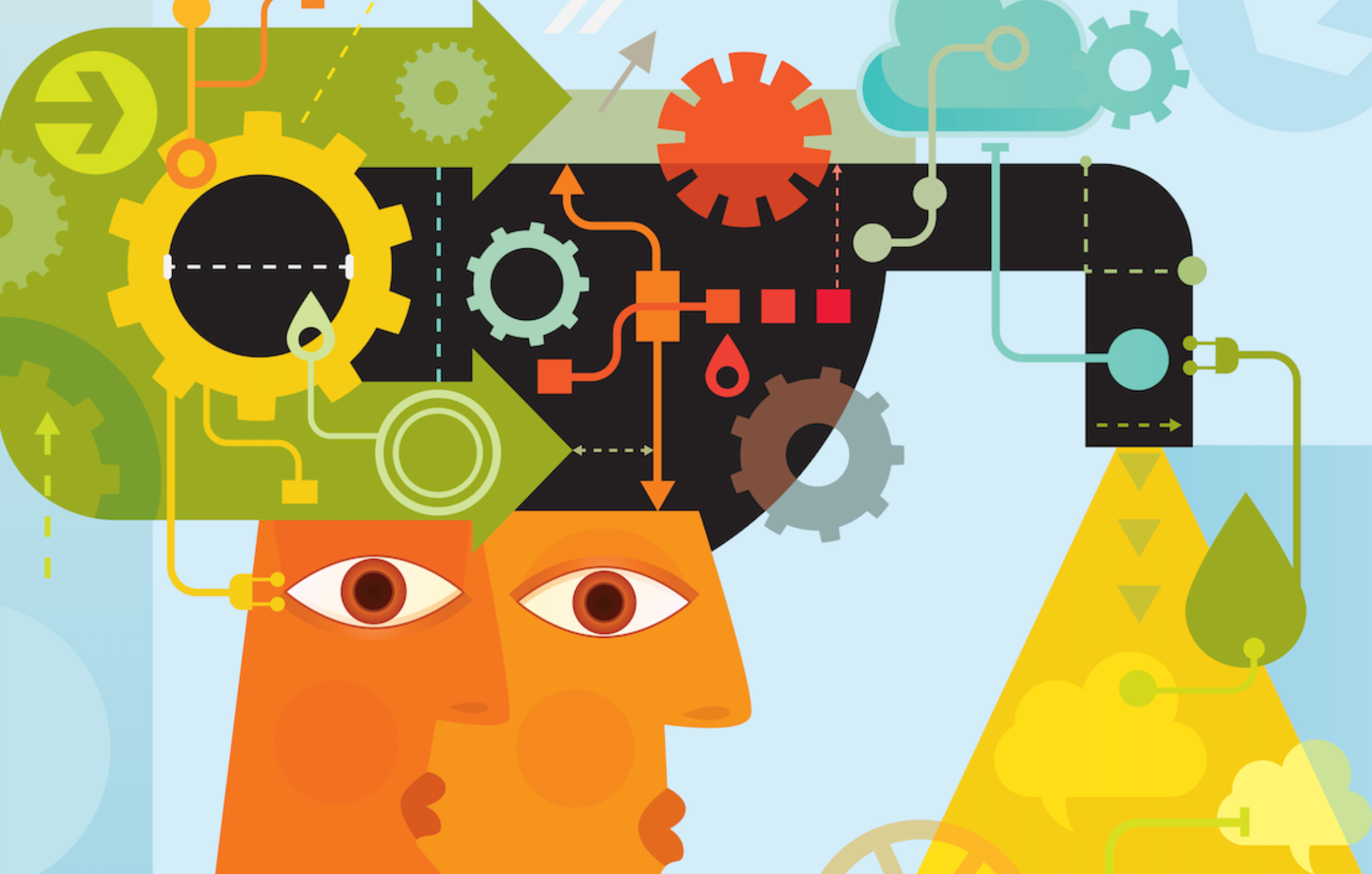 Innovative data management concepts illustrated with interconnected gears, human head, and abstract scientific elements for r.