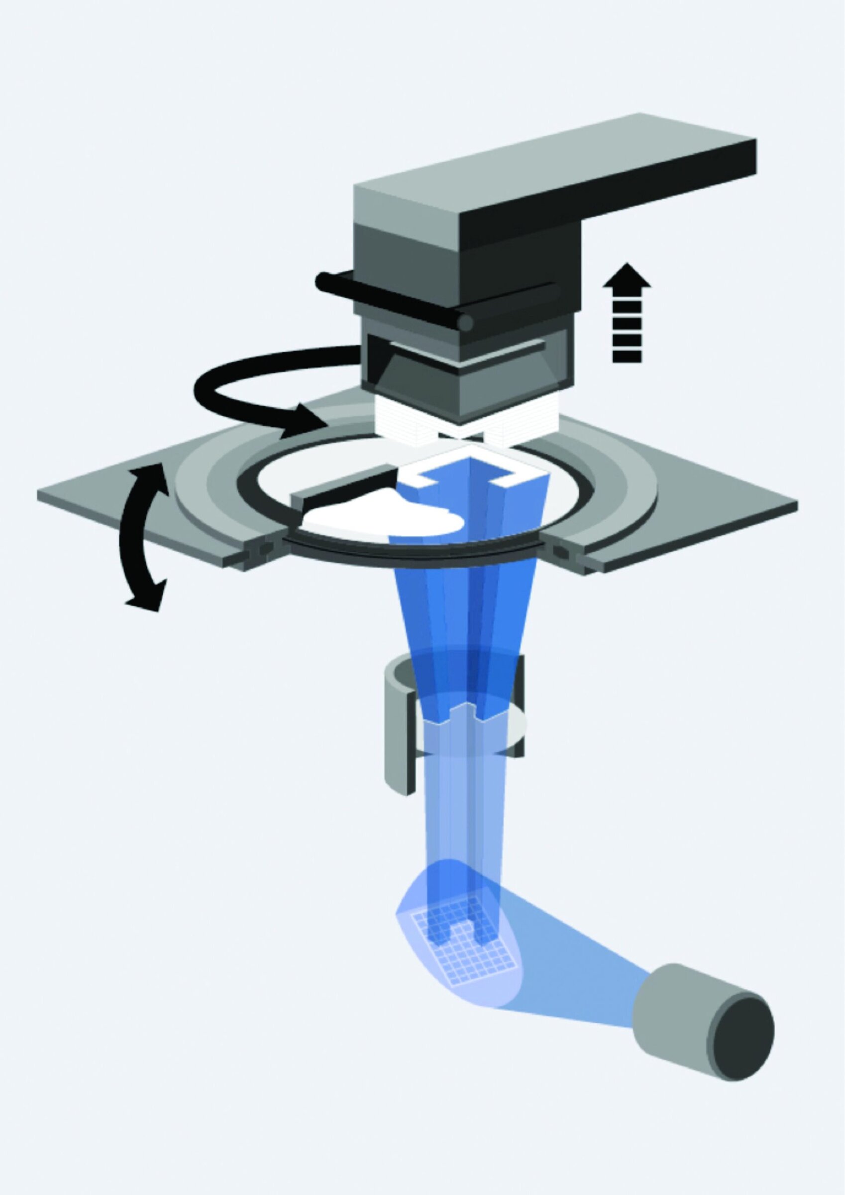 Microscope with blue light for ceramics and materials analysis.