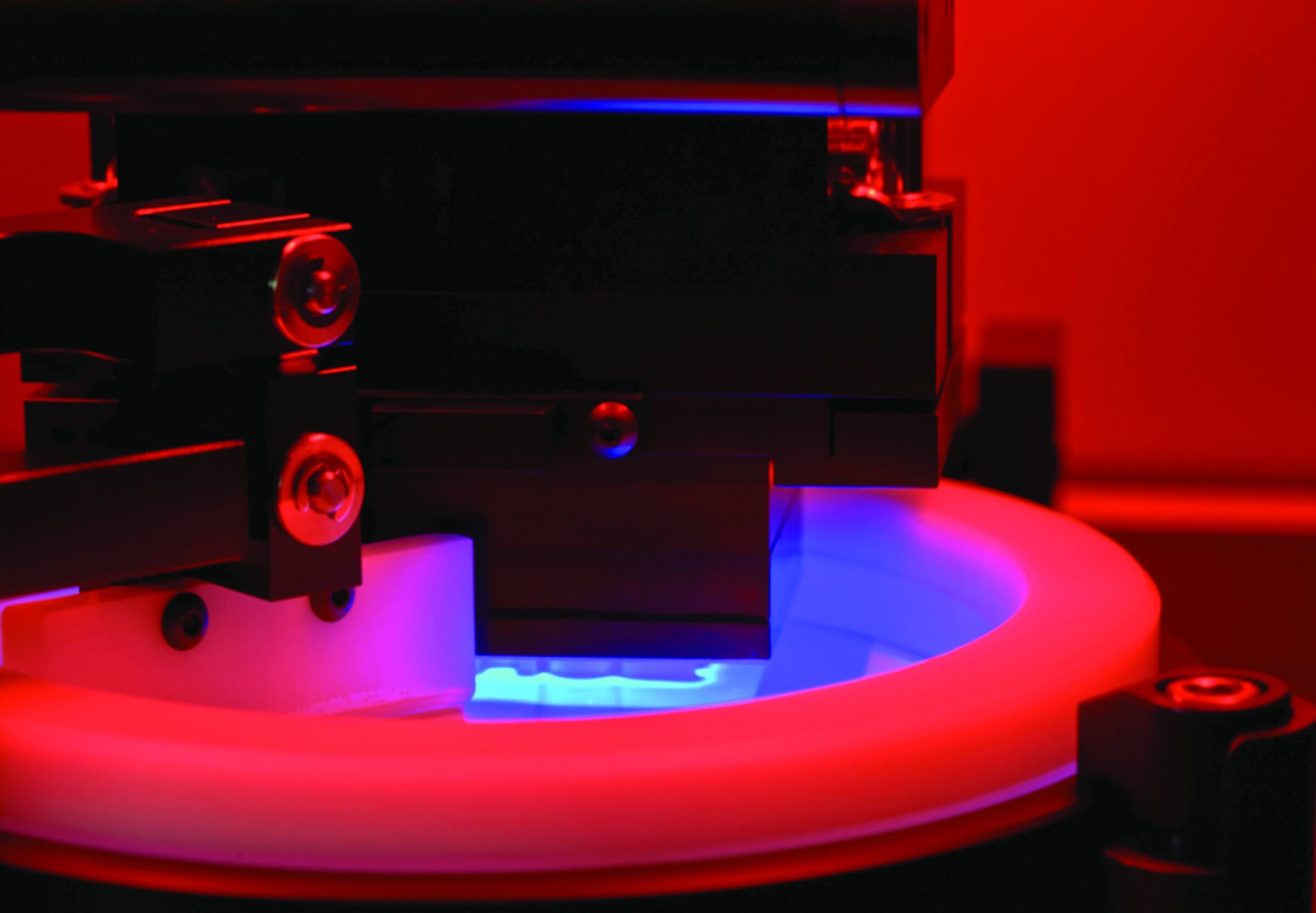The building chamber of the CeraFab 7500 during exposure.