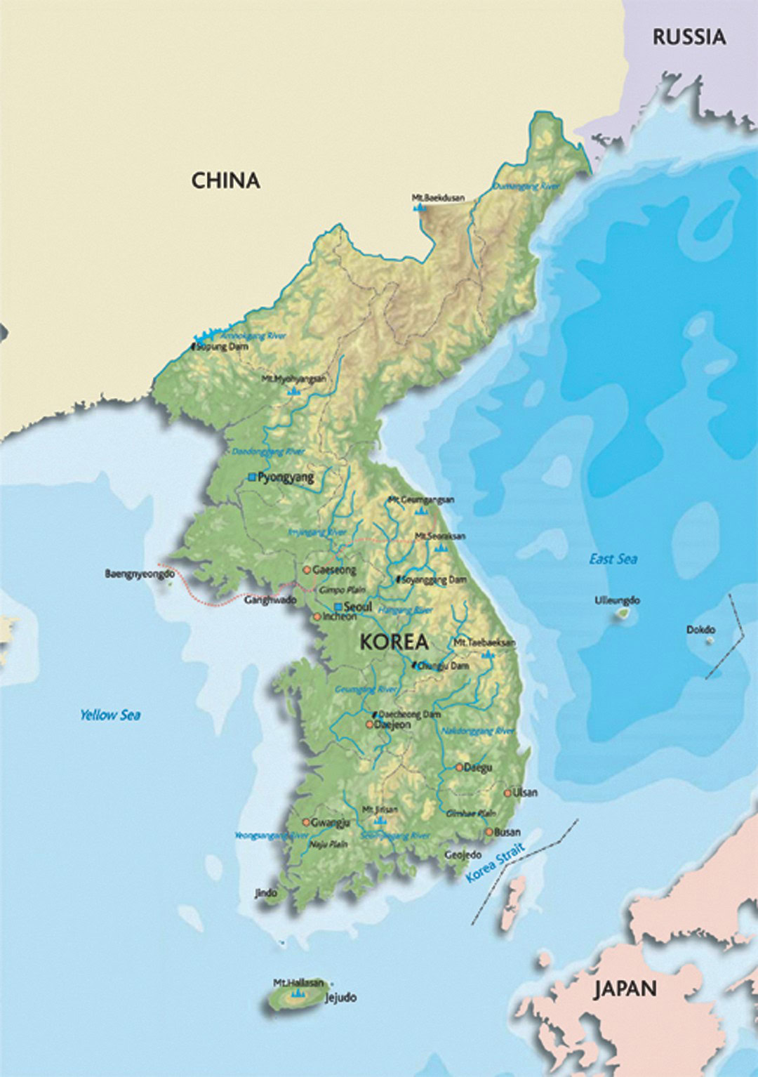 Korean map showing major rivers, mountains, and cities.