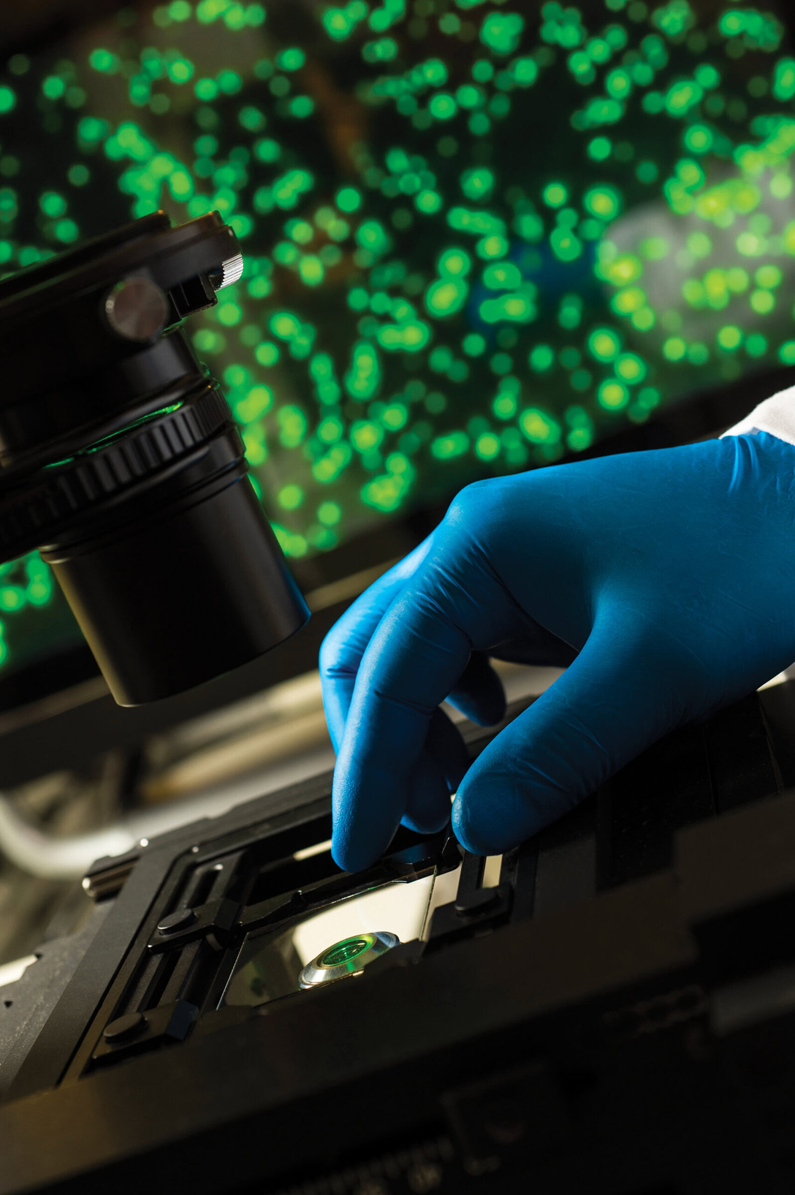 The image shows a gloved scientist examining ceramic samples under a microscope, emphasizing materials research and microscopy in ceramics science.