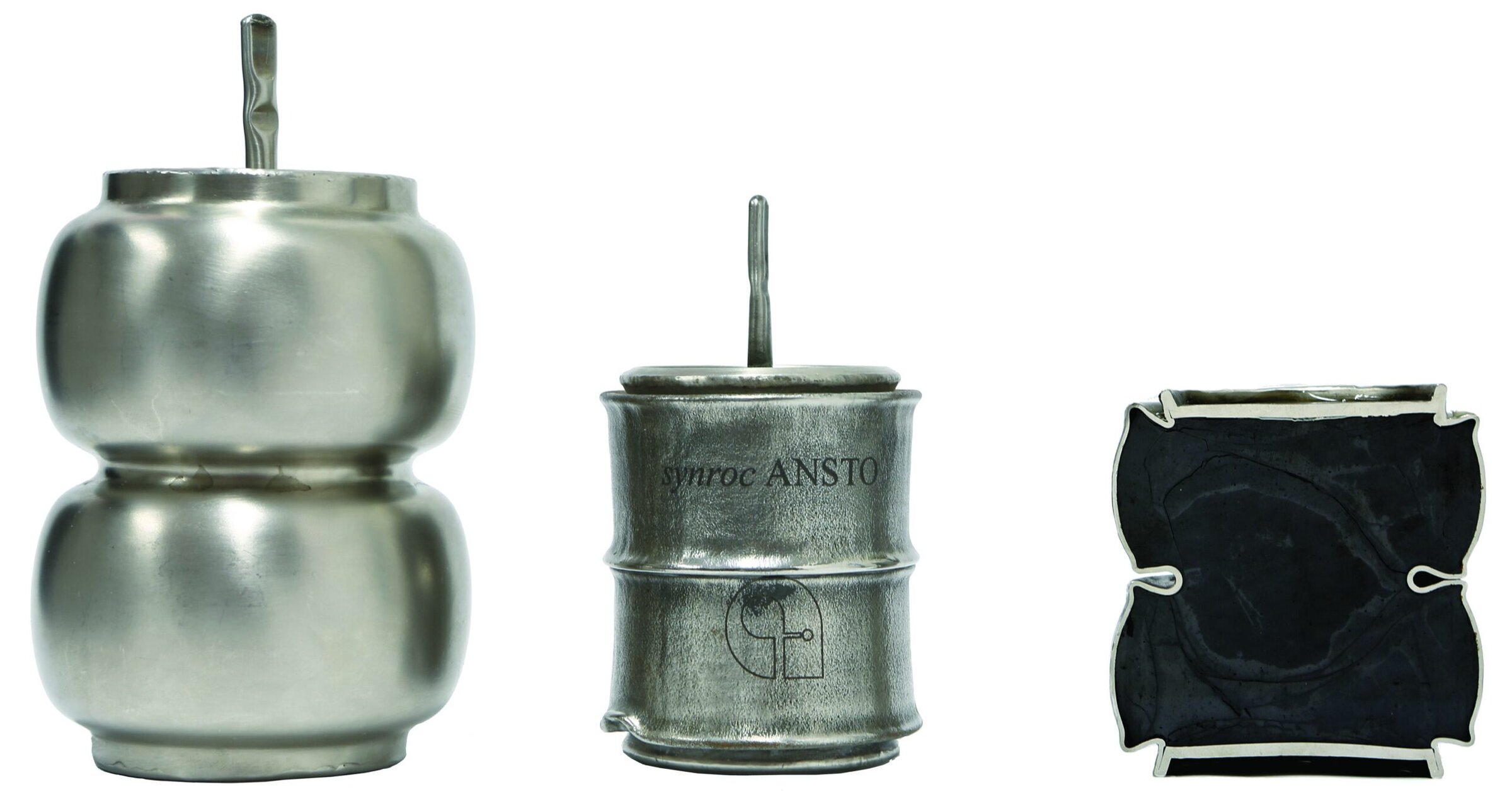 Shiny metallic ceramic containers with lids, industrial ceramics for research or display.