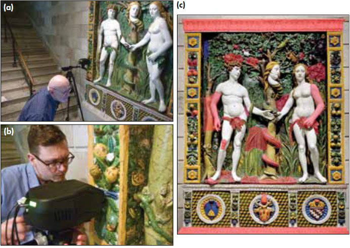 Vivid ceramic relief with human figures, intricate designs, colorful floral motifs.