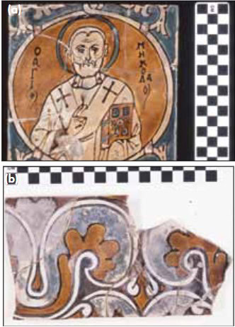 Vibrant ceramic mosaic artwork featuring religious iconography and intricate designs.