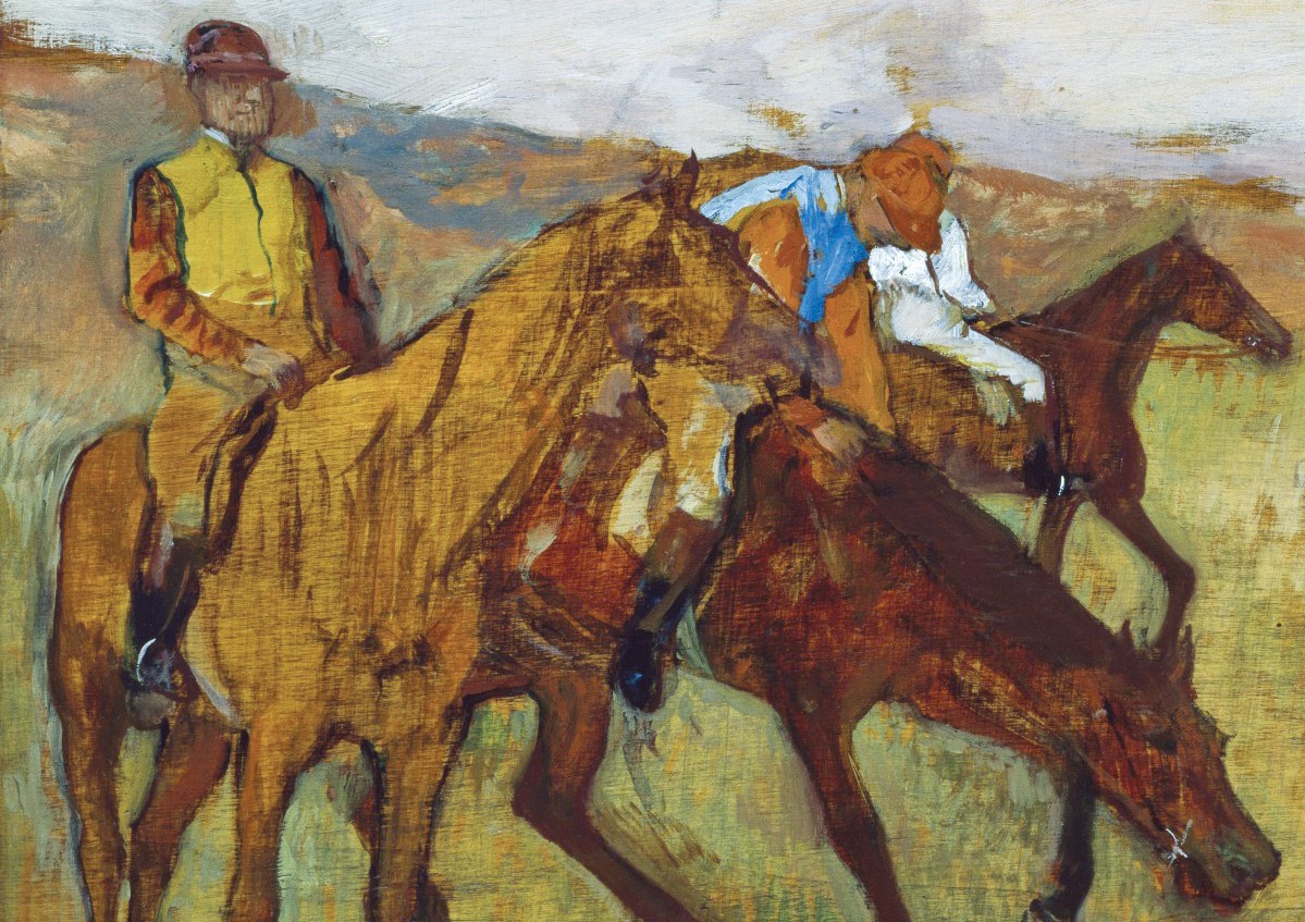 Vibrant painting of two men riding horses in an outdoor setting, capturing dynamic motion and warm colors, related to ceramics and artistic expression.