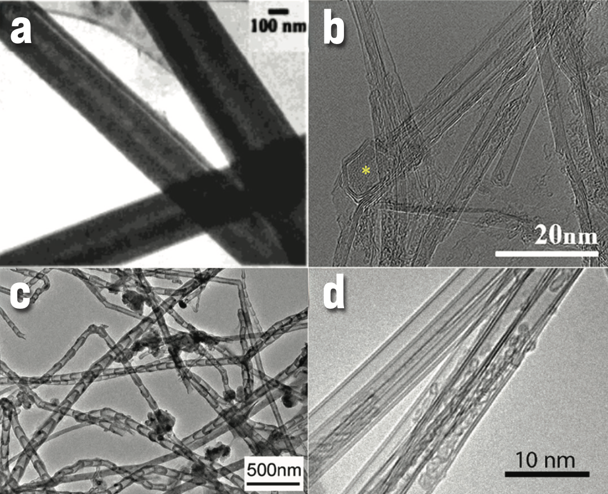 Transmission electron microscopy micrographs of different boron nitride nanotube morphologies produced through various methods.