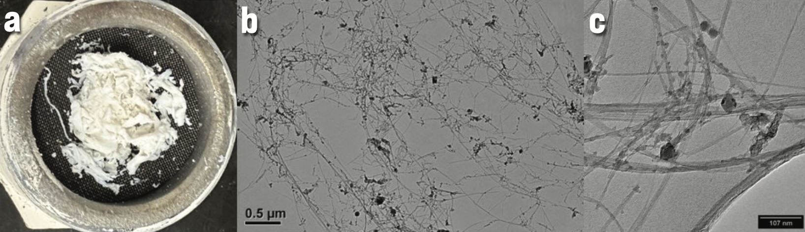 Image of bulk boron nitride nanotube material and transmission electron microscopy image showing boron nitride nanotube structure as well as the presence of some impurities of boron and hBN.