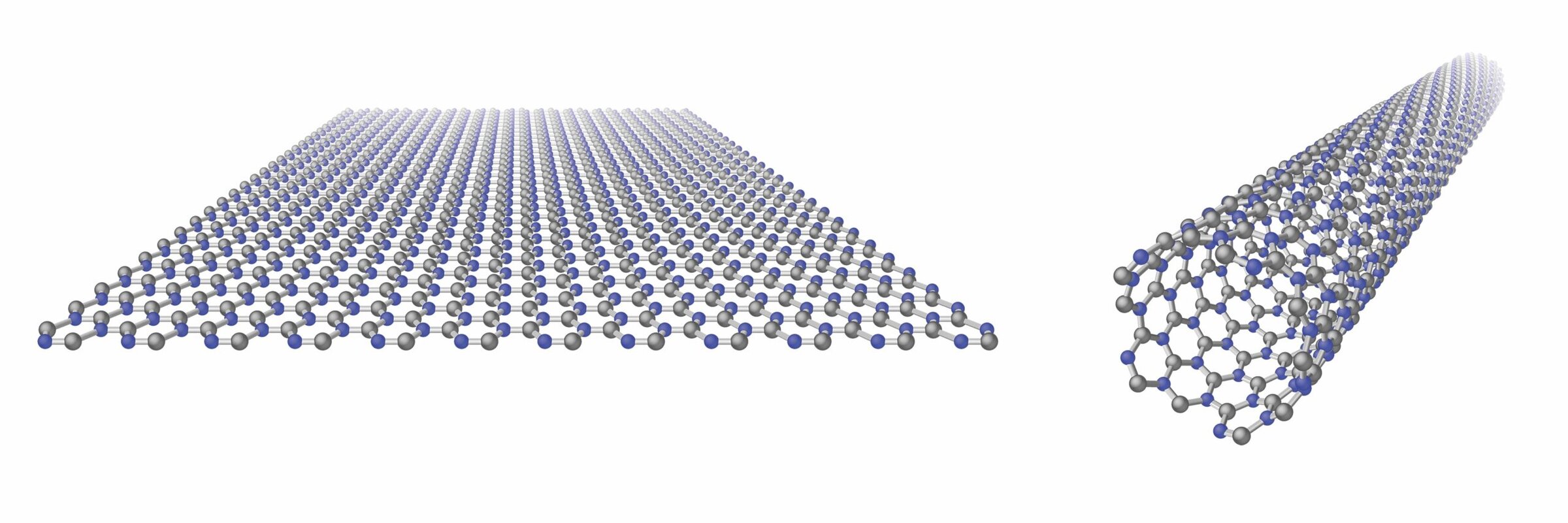 Molecular structure of a) hexagonal boron nitride and b) boron nitride nanotubes. Blue and grey atoms represent nitrogen and boron, respectively. 