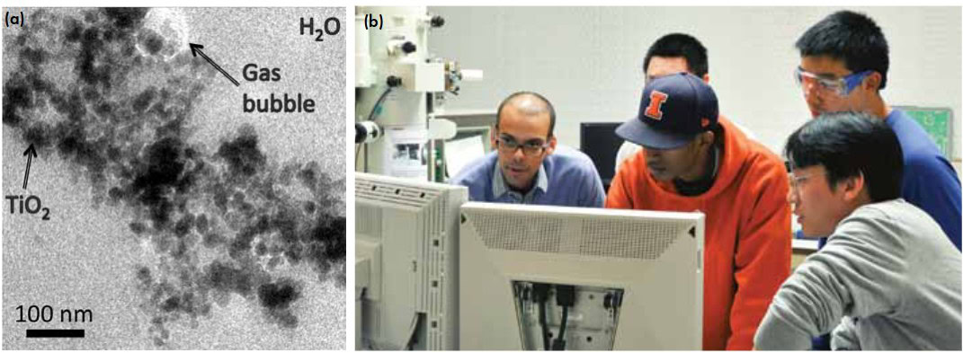 A high-resolution transmission electron microscopy image showing TiO₂ gas bubbles in water, with scale bar indicating 100 nm.