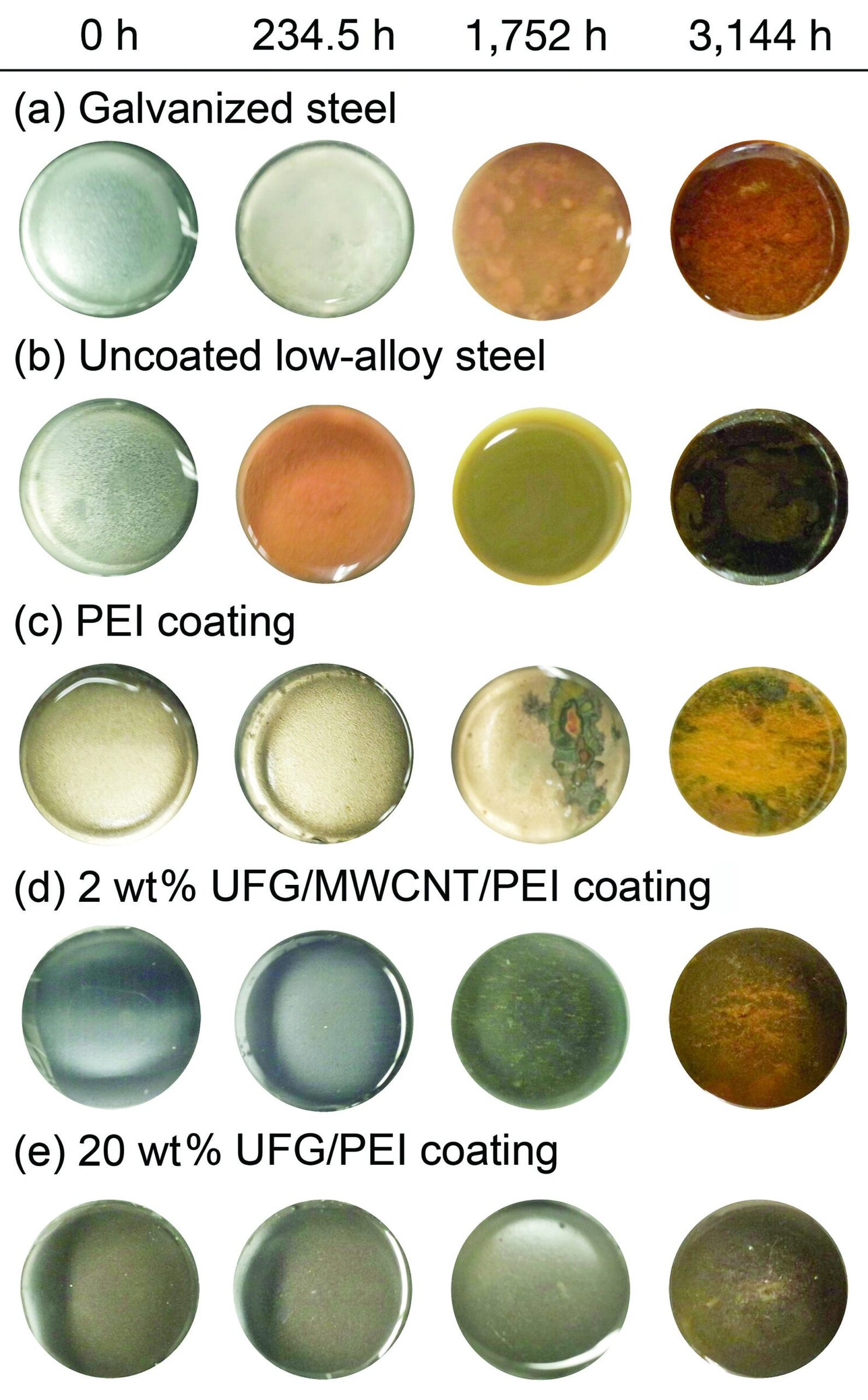 A variety of steel and coating samples showing different corrosion resistance and surface appearances.