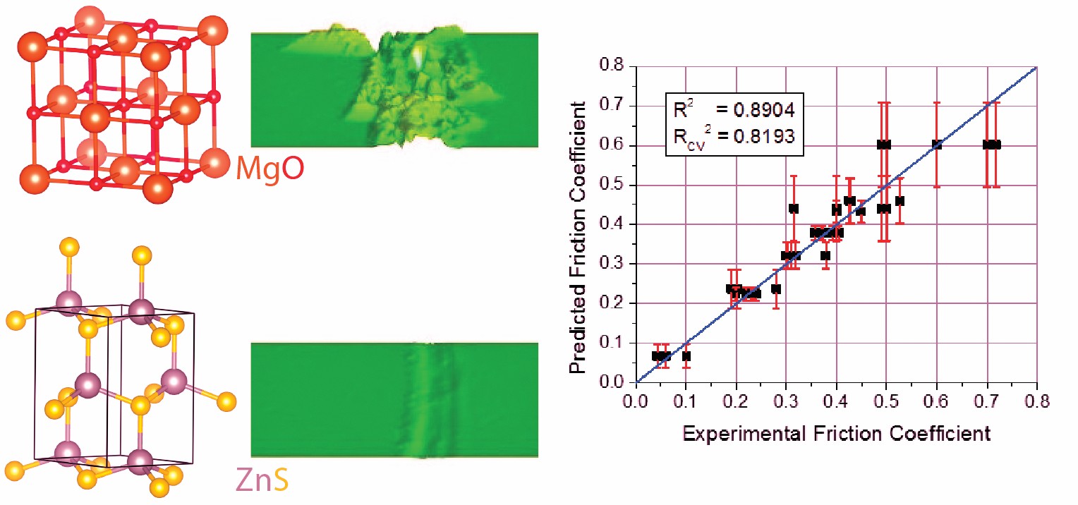 High-resolution 3D atomic structure models of MgO and ZnS with surface analysis and a graph of predicted versus experimental friction coefficient data.