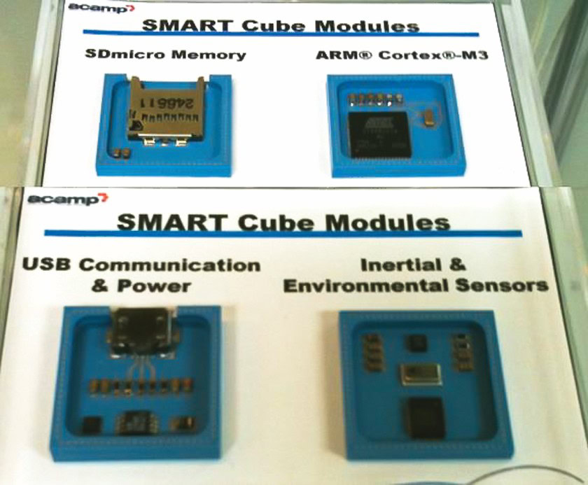Small blue cube modules for smart technology display.