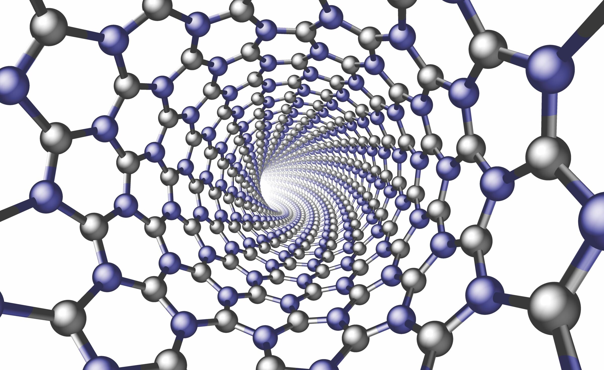 Rendering of the atomic structure of boron nitride nanotubes. Blue and grey atoms represent nitrogen and boron, respectively.