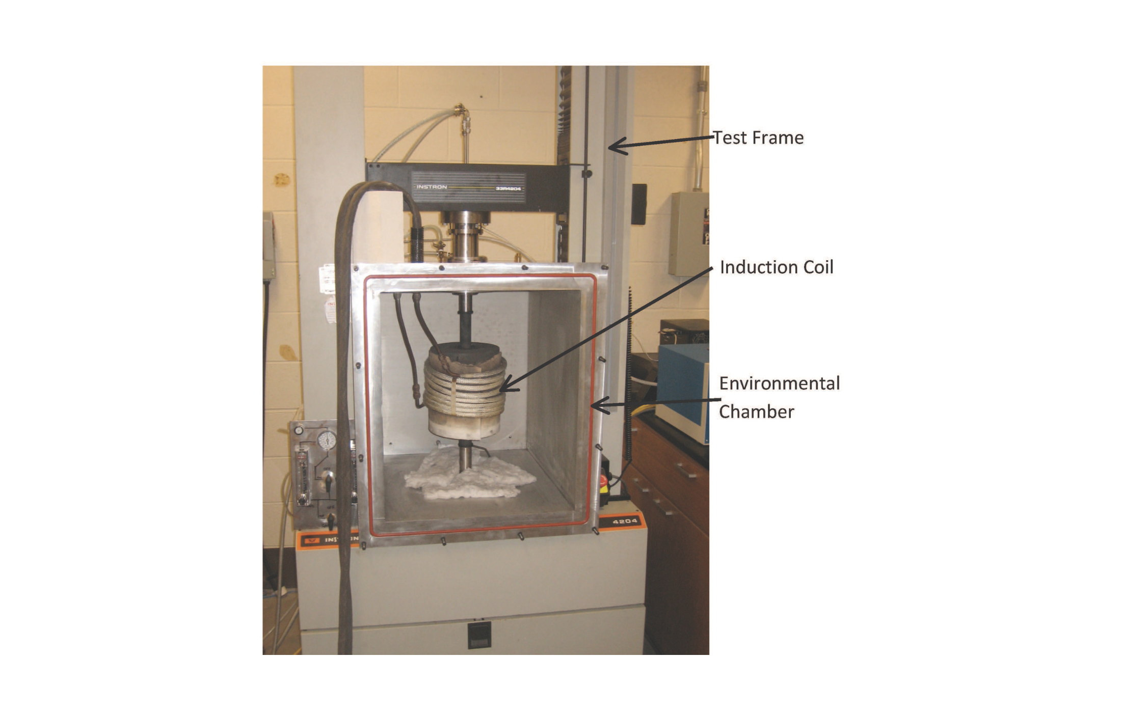 Laboratory setup with test frame, induction coil, and environmental chamber for high-temperature testing.