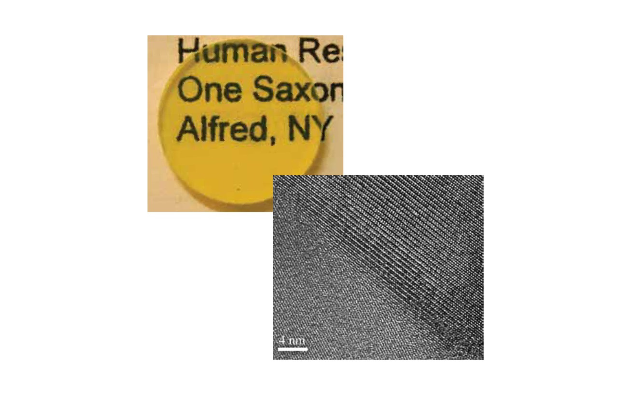 Close-up of a yellow button with text and a high-resolution image of a transparent ceramic material's microstructure.